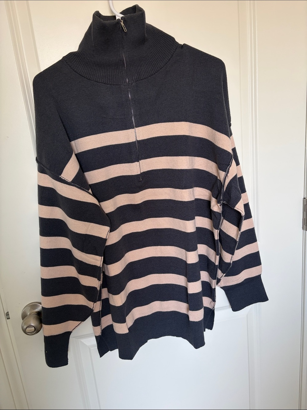 Striped Half-Zip Mock Neck Pullover - Black & Nude